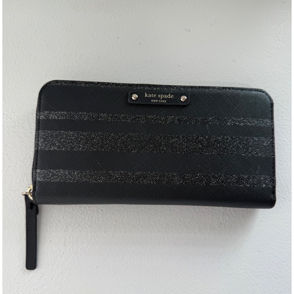 Kate Spade Tinsel Glitter Continental Women's Black Wallet Large Zipper Around